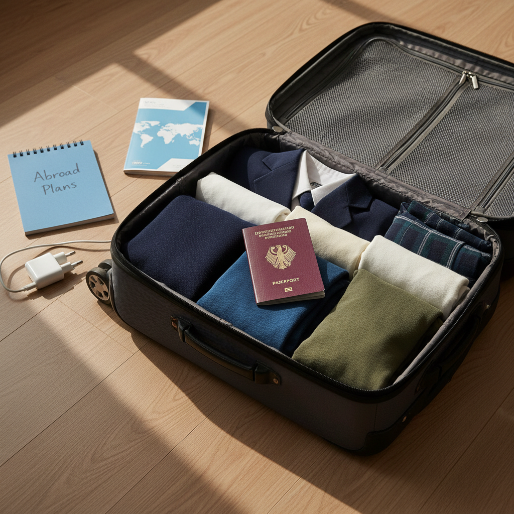 An open suitcase with a dark fabric interior placed on a clean, light-toned wooden floor, thoughtfully packed with neatly folded school uniforms, casual clothes in coordinated colors, and a clearly visible German passport with a burgundy cover. Around it lie a spiral notebook labeled “Abroad Plans,” a slim travel guide with a modern cover featuring a world outline, and a small travel adapter. Golden hour sunlight pours in from a nearby window, creating warm highlights on the passport and soft shadows in the suitcase folds. Shot from a slightly elevated top-down perspective, the composition is organized and inviting. The mood is optimistic, professional, and well-prepared, rendered in photographic realism that conveys readiness for a high school exchange journey.