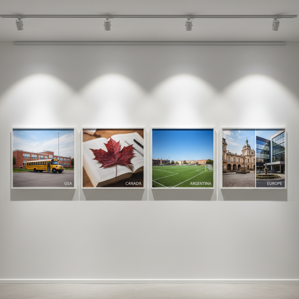 A modern wall divided into four clean panels, each showcasing a large, high-resolution photographic print representing USA, Canada, Argentina, and Europe. The USA panel shows a distant view of a yellow school bus parked near a suburban high school building, the Canada panel a red maple leaf placed on a textbook, the Argentina panel a football pitch under clear skies, and the Europe panel a historic stone town square beside a contemporary school. Soft gallery-style ceiling lights cast focused beams on each image, creating subtle vignettes and refined shadows. Captured straight-on with precise alignment and sharp focus, the composition feels curated and comparative. The mood is reflective and aspirational, emphasizing choices in high school exchange destinations with polished photographic realism.