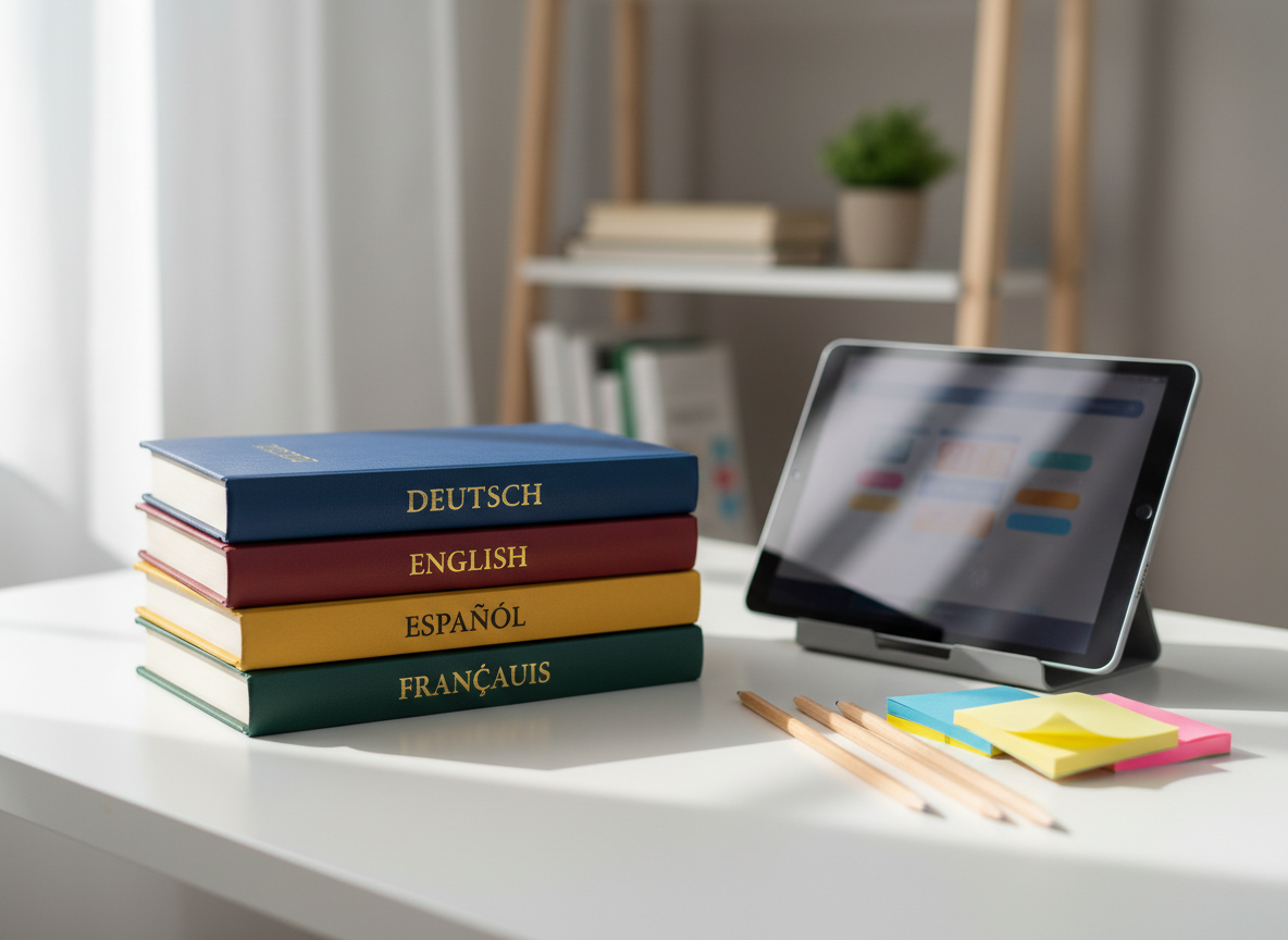 A tidy language-learning corner featuring a stack of hardcover dictionaries in German, English, Spanish, and French, each with slightly textured covers and clear embossed titles, arranged beside a sleek tablet displaying a blurred language app interface. Color-coded sticky notes and neatly sharpened pencils rest on a smooth white desk surface. Soft morning daylight from an unseen window creates gentle highlights on the tablet screen and subtle shadows behind the books. Captured from a three-quarter angle with a shallow depth of field, the foreground objects are crisp while the background fades into a soft bokeh of neutral walls and a simple bookshelf. The mood is focused and encouraging, with photographic realism and a clean, academic aesthetic that supports the idea of preparing for a high school abroad.