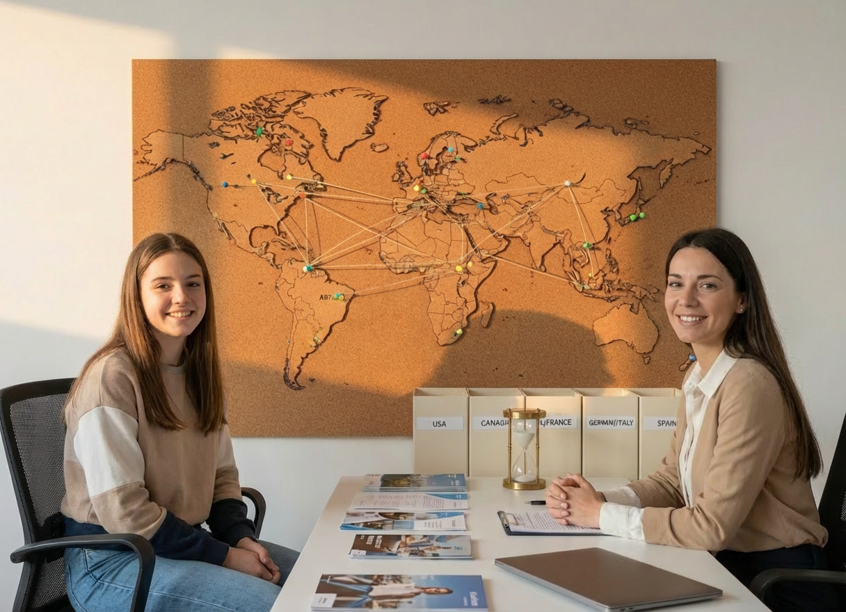 A man points at a corkboard world map during a travel planning discussion with a woman.