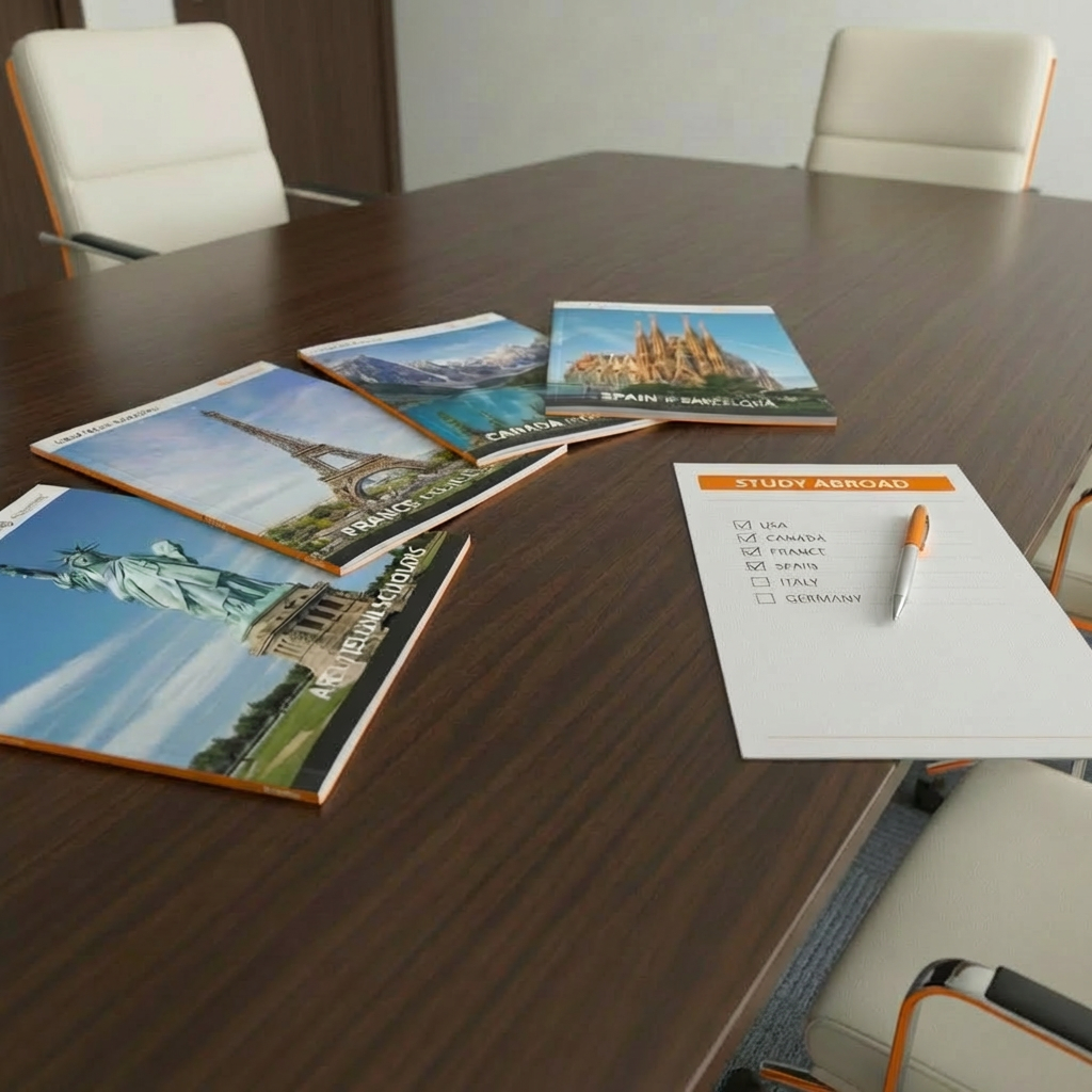 A polished wooden conference table in a minimalist office setting, holding a carefully organized spread of high school brochures from different countries. Each brochure displays sharp, colorful images of iconic landmarks like the Statue of Liberty, Canadian maple leaves, European castles, and Argentinian landscapes, with clear, modern typography. A slim metal pen rests beside a structured checklist on crisp white paper. Cool, diffused overhead lighting creates an even, professional illumination, with soft shadows adding depth. Shot from a slightly elevated angle with sharp focus throughout, the composition emphasizes clarity and decision-making. The mood is organized, trustworthy, and informative, captured in clean photographic realism that reflects a professional study-abroad counseling environment.