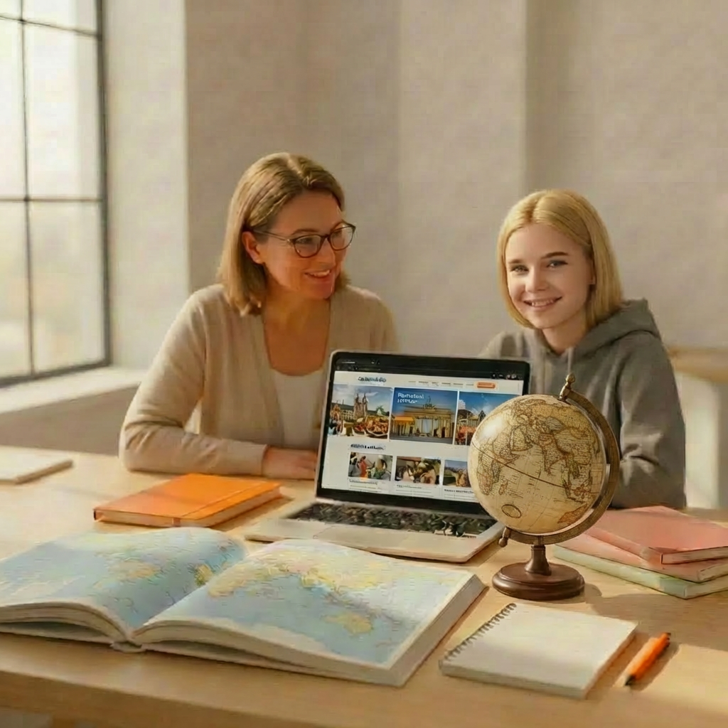 A neatly arranged study desk in a bright, modern room, featuring an open world map atlas with crisp, colorful pages and a small globe with a matte blue ocean and detailed country borders. Next to it lies a sleek silver laptop showing a blurred exchange program website, along with neatly stacked notebooks in muted pastel tones. Soft midday daylight filters through a large window, creating gentle reflections on the laptop and subtle shadows from the globe. Captured at eye level with a shallow depth of field, the focus stays on the map and globe, symbolizing global high school opportunities. The mood is aspirational and professional, with clean photographic realism and a tidy, contemporary aesthetic.